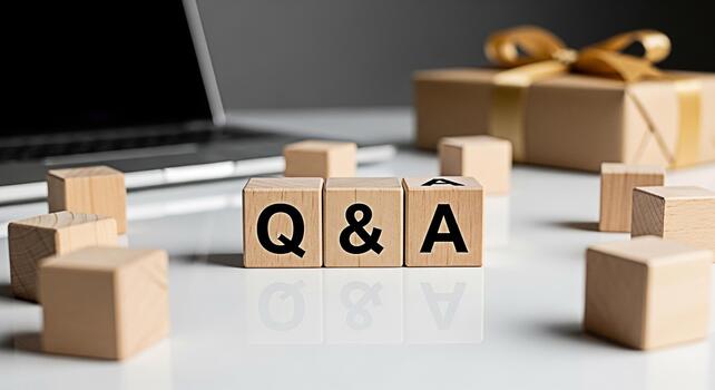 Wooden blocks displaying QA on a white desk with a laptop and gift box symbolizing knowledge sharing and customer support in a modern business environment fostering a sense of information and assistan photo