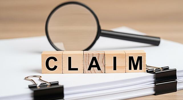 Magnifying glass inspecting the word CLAIM spelled out in wooden blocks on a stack of papers representing investigation and the process of filing an insurance claim in a neutral office setting photo
