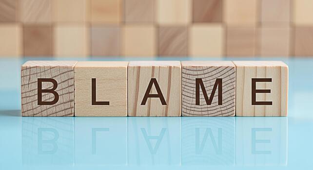 de madera bloques ortografía culpa en un reflexivo azul superficie transporte responsabilidad y responsabilidad en un corporativo o personal desarrollo ajuste destacando el importancia de tomando propiedad foto