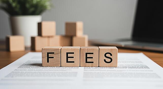 Wooden blocks spelling FEES resting on a contract document in a bright modern office setting symbolizing financial obligations business costs and transparency in pricing and service agreements photo