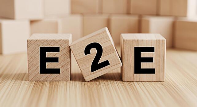 Wooden blocks spelling E2E on a wooden surface representing endtoend processes and solutions in a business environment conveying a sense of completeness and integration for business strategies photo