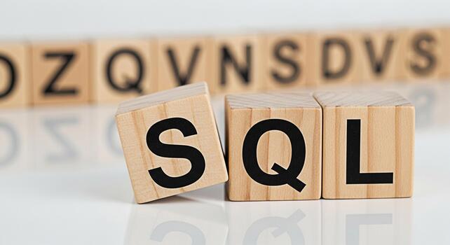 Wooden blocks spelling out SQL on a white reflective surface representing database management and query language conveying a concept of data structure and information technology in a clean minimalist photo