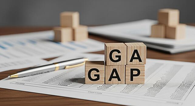 Wooden blocks spelling GAP on financial documents in a business setting representing the gap analysis process and highlighting the importance of identifying and addressing gaps for business growth and photo