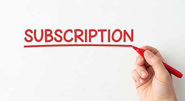 Closeup of a hand underlining the word Subscription on a white background with a red marker emphasizing the concept of membership and recurring payments in a clean modern setting photo