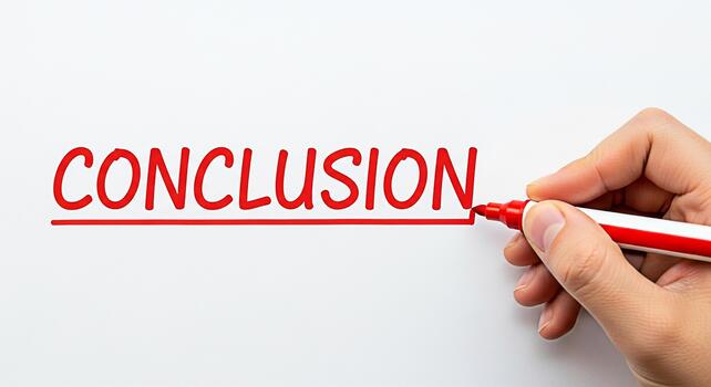 A hand underlining the word Conclusion with a red marker on a white background symbolizing closure and finality in a business or academic setting emphasizing the importance of summarizing key points photo