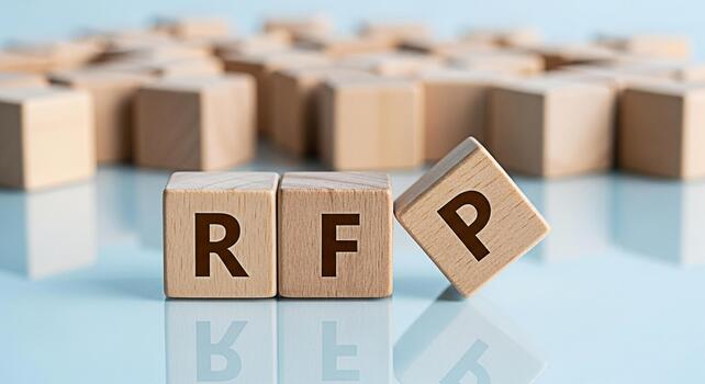 Wooden blocks displaying RFP on a reflective surface representing a request for proposal in a business setting symbolizing opportunity and strategic planning for project success and growth photo