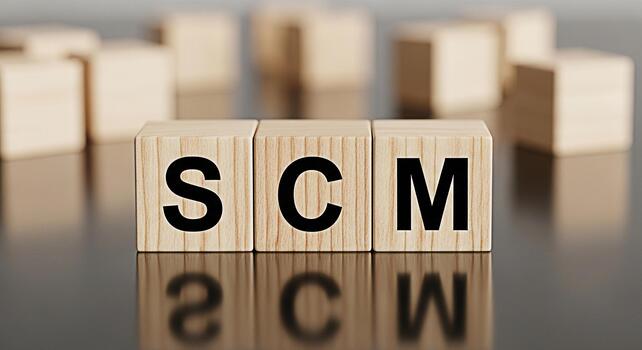 Wooden blocks displaying SCM on a reflective surface representing supply chain management in a business setting conveying efficiency and strategic planning for logistics and operations photo