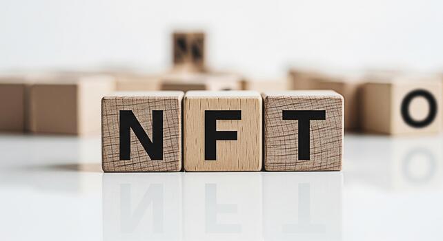 NFT letters on wooden blocks displayed on a white reflective surface representing the concept of nonfungible tokens and digital assets in the modern cryptocurrency and blockchain technology landscape photo