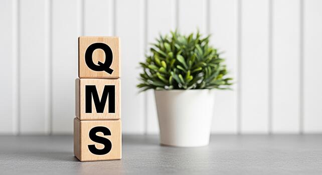 Wooden blocks displaying QMS in a bright office setting symbolizing Quality Management System implementation and fostering a culture of excellence and continuous improvement photo