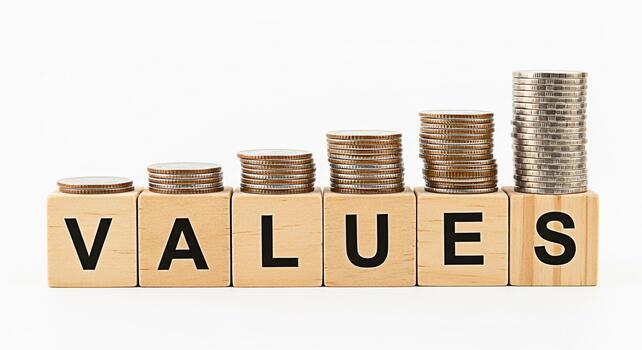 Stacks of coins growing on wooden blocks spelling VALUES in a bright minimalist setting symbolizing financial growth ethical investment and the increasing importance of core values in business and per photo