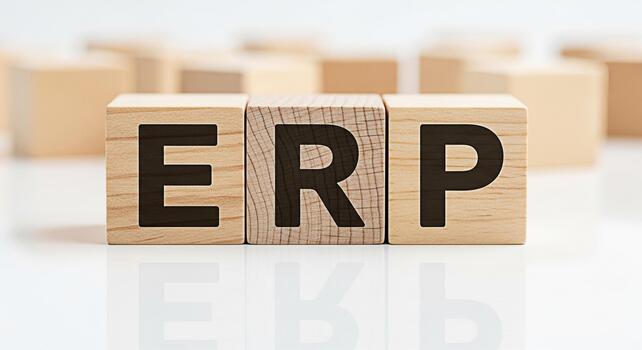 Wooden blocks displaying ERP on a reflective white surface representing enterprise resource planning in a clean and modern business environment symbolizing efficiency and integrated management solutio photo