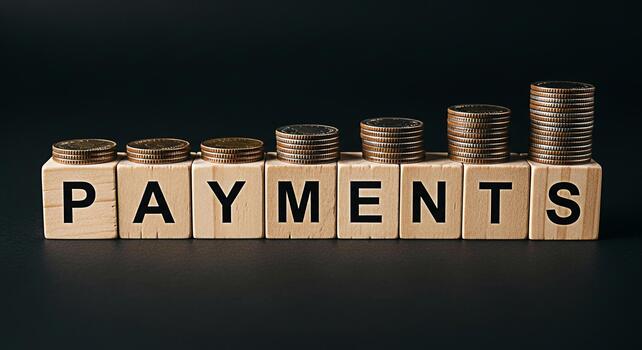 Stacks of coins increasing on wooden blocks spelling PAYMENTS against a dark background symbolizing financial growth investment returns and the importance of consistent savings for a secure future photo