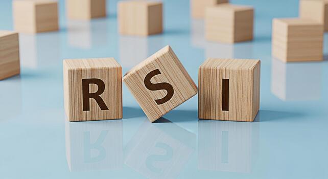 Wooden blocks displaying RSI on a reflective blue surface representing Relative Strength Index a momentum indicator used in technical analysis conveying financial analysis and market trends photo