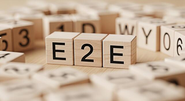 Wooden blocks spelling E2E on a wooden surface representing endtoend processes and solutions conveying a sense of completeness and seamless integration in a business or technology context photo