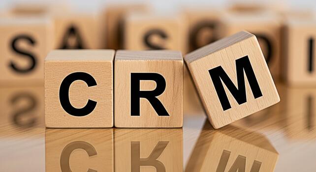 Wooden blocks spelling CRM on a reflective surface representing customer relationship management in a business setting conveying a message of organization and strategic planning photo