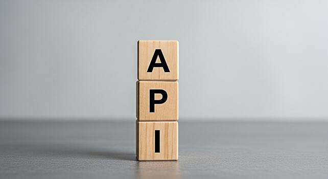 Wooden blocks spelling API stacked on a gray surface representing application programming interface software development and data exchange in a minimalist and clean studio setting photo