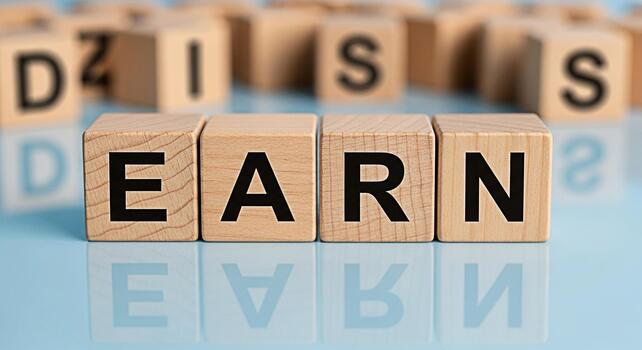 de madera bloques ortografía ganar en un reflexivo superficie simbolizando financiero ganancia y logro en un brillante y optimista ajuste representando difícil trabajo y el potencial para éxito foto