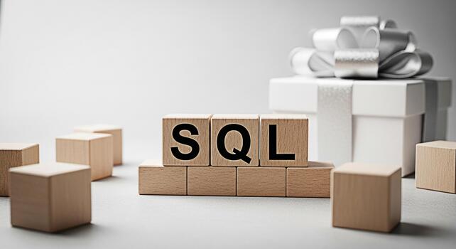 Wooden blocks spelling SQL arranged on a white surface with a gift box in the background representing a valuable database management system and a rewarding learning experience in a clean studio settin photo