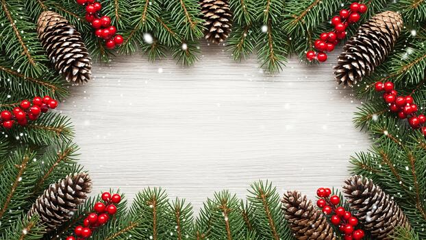 Festive Christmas Frame with Evergreen Branches, Cones, and Berries on Wooden Background photo