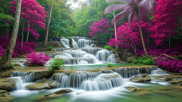 Enchanting multi-tiered waterfall cascading through a mystical forest with vibrant pink and green foliage, creating a breathtaking and serene natural landscape perfect for tranquil escape photo