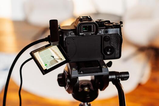 Setup for podcast recording with lavalier microphone and camera on tripod in modern studio environment photo