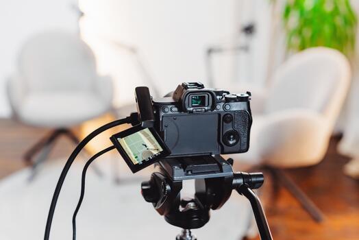 Podcast interview setup featuring a camera, microphone, and lavalier microphone in a modern studio environment photo