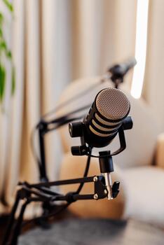Podcast setup with microphone and camera for engaging interview at home studio photo