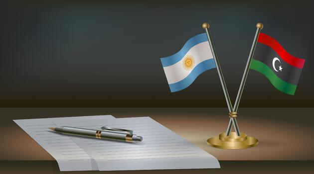 Argentina and Libya flags on table in office. International relations on a dark gradient color background. vector