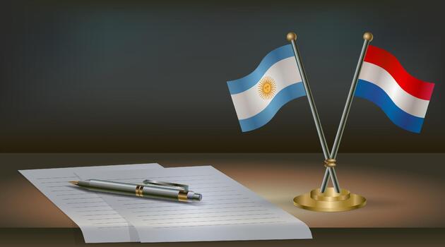 Argentina and Netherlands flags on table in office. International relations on a dark gradient color background. vector