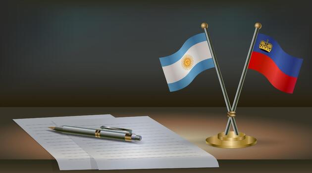Argentina and Liechtenstein flags on table in office. International relations on a dark gradient color background. vector