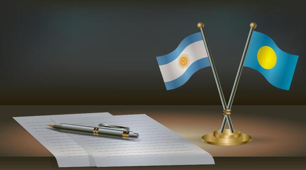 Argentina and Palau flags on table in office. International relations on a dark gradient color background. vector