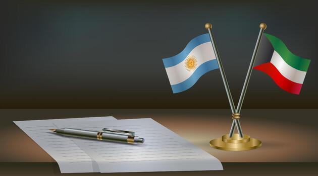 Argentina and Kuwait flags on table in office. International relations on a dark gradient color background. vector