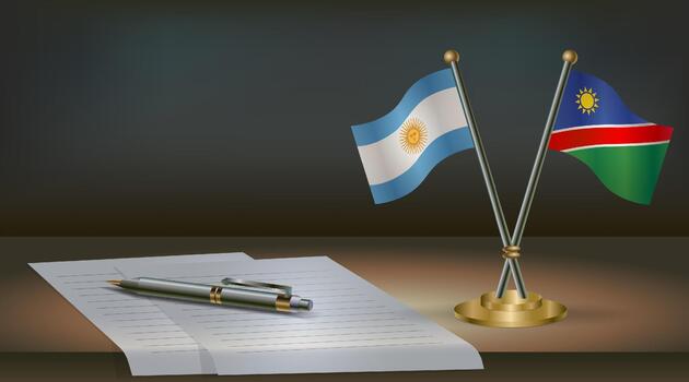 Argentina and Namibia flags on table in office. International relations on a dark gradient color background. vector
