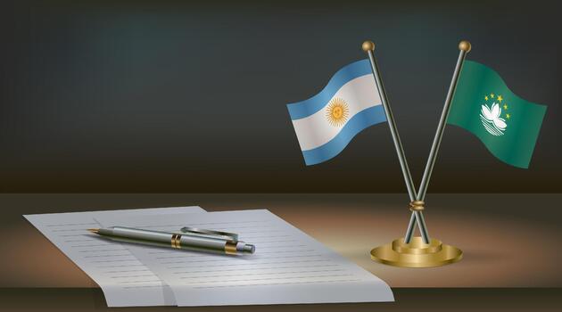 Argentina and Macao flags on table in office. International relations on a dark gradient color background. vector
