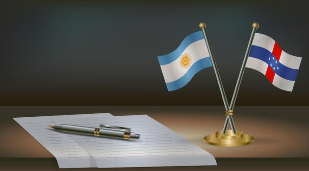 Argentina and Netherlands Antilles flags on table in office. International relations on a dark gradient color background. vector