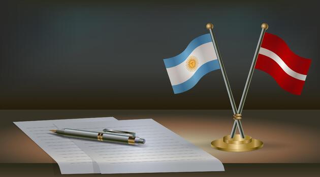 Argentina and Latvia flags on table in office. International relations on a dark gradient color background. vector