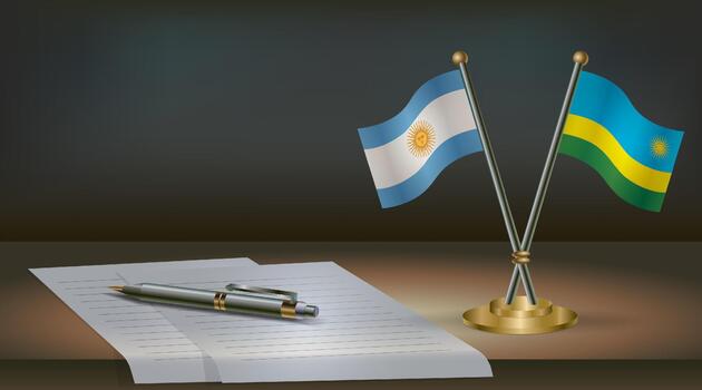Argentina and Rwanda flags on table in office. International relations on a dark gradient color background. vector