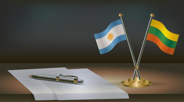 Argentina and Lithuanian flags on table in office. International relations on a dark gradient color background. vector
