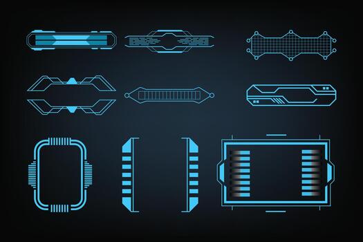 Futuristic HUD Frames Set with Neon Blue Stroke-Based Sci-Fi Interface Elements for Game UI and Technology Design vector