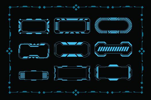 Futuristic HUD Interface Elements Set with Blue Neon Stroke for Sci-Fi Game UI and Digital Technology Design vector