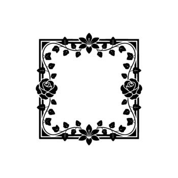 Elegant illustration of a decorative square frame adorned with symmetrical rose and stylized flower motifs intertwined with scrolling vines and leaves vector