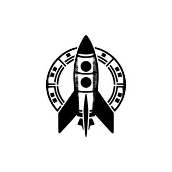 un pulcro metálico cohete Embarcacion prestados en un retro Arte deco estilo listo dentro un segmentario circular emblema vector