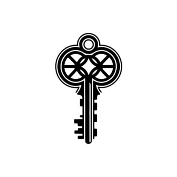 A stylized silhouette of an ornate vintage skeleton key featuring a decorative bow with interlacing circular patterns and a detailed bit isolated vector