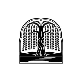 un clásico estilizado silueta de un llanto sauce árbol con fluido ramas en pie junto a un sereno reflexivo agua cuerpo dentro un arqueado marco vector