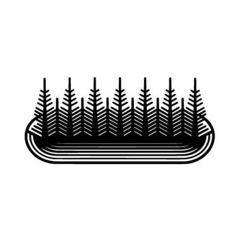 Abstract minimalist illustration of a stylized fir forest silhouette arranged in a curved line within a layered horizontal oval shape vector