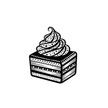 estilizado línea Arte ilustración de un cuadrado rebanada de en capas pastel con arremolinándose Crema adornado con decorativo puntos y patrones vector