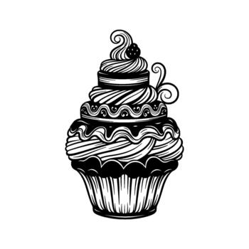 An intricate line art illustration of a highly decorative stacked cupcake with swirled frosting chocolate drizzle and a strawberry topping vector
