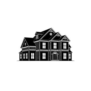 A stark silhouette illustration of a detailed two story victorian style house with multiple gables dormer windows and an arched entryway isolated vector