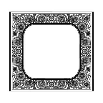 Ornate steampunk style decorative square frame border featuring intricate interlocking gears and mechanical elements in a detailed line drawing vector