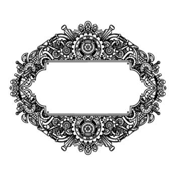 intrincado Steampunk mecánico florido oval marco frontera con engranajes dientes palancas y pistones vector